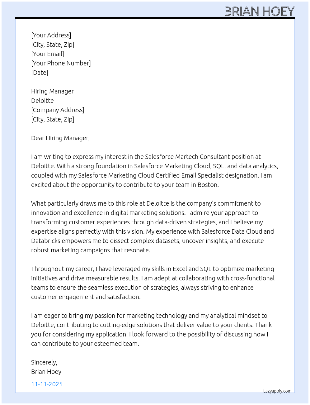 Salesforce Martech Consultant At Deloitte Cover Letter