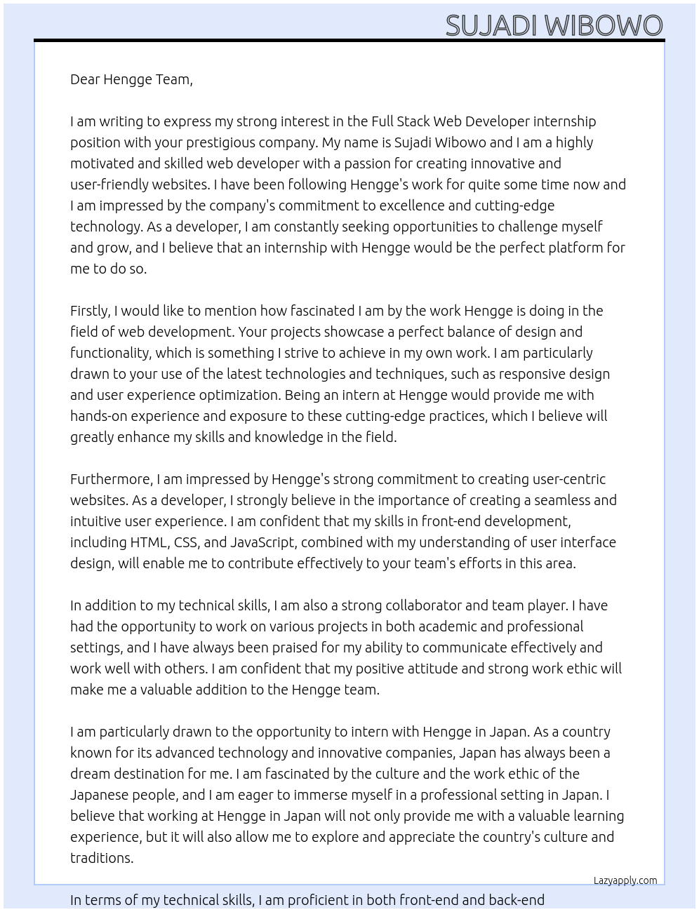 FULL STACK WEB DEVELOPER At HENGGE Cover Letter