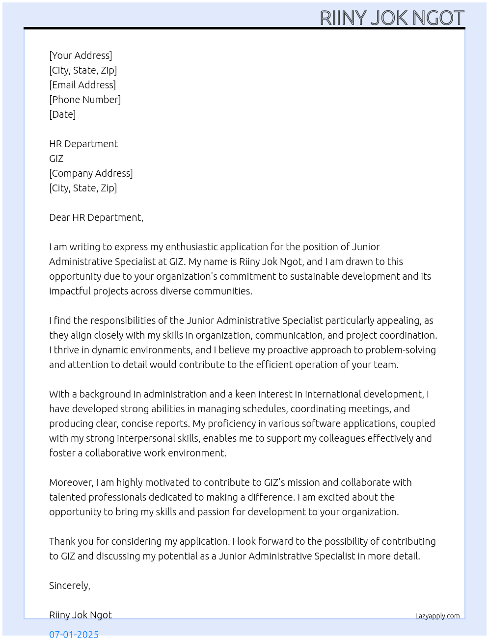 Junior Administrative Specialists At GIZ Cover Letter