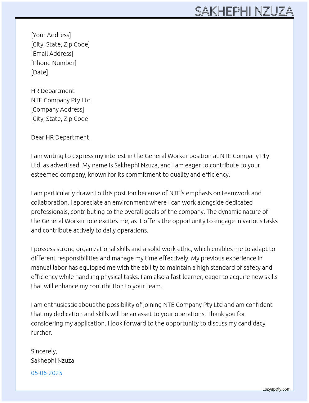 General Worker At NTE Company Pty Ltd Cover Letter