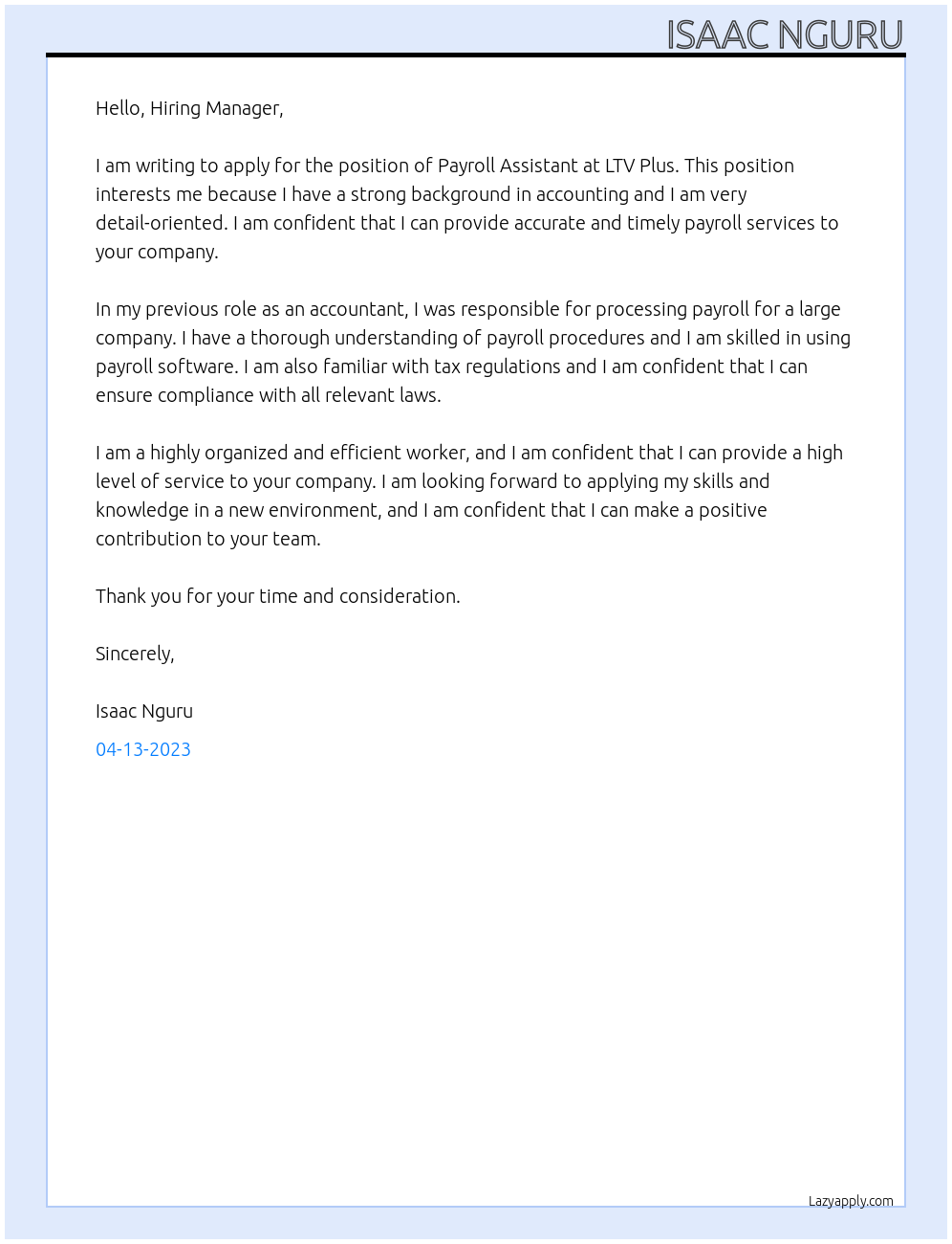 Payroll Assistant At LTV Plus Cover Letter