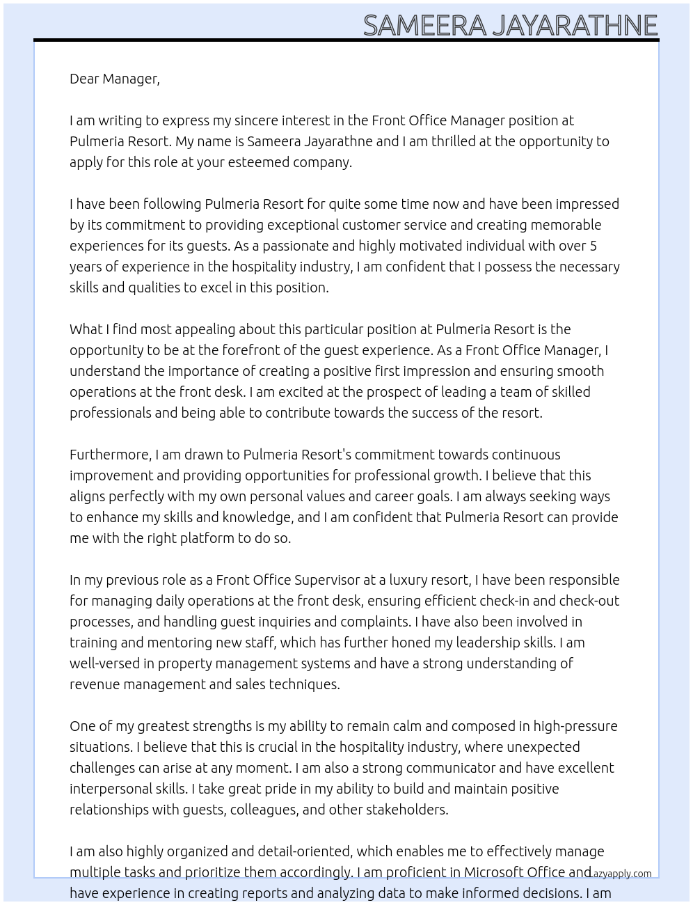 Front Office Manager At Pulmeria Resort Cover Letter