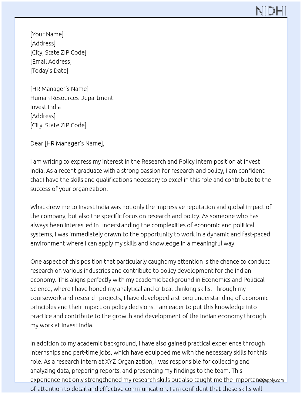 Research and Policy Intern At Invest India Cover Letter