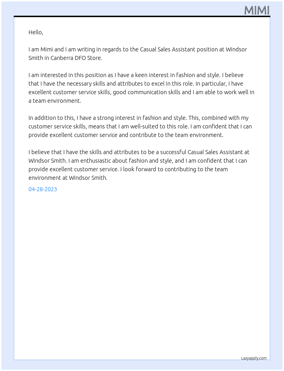 Casual Sales Assistant At Windsor Smith Cover Letter