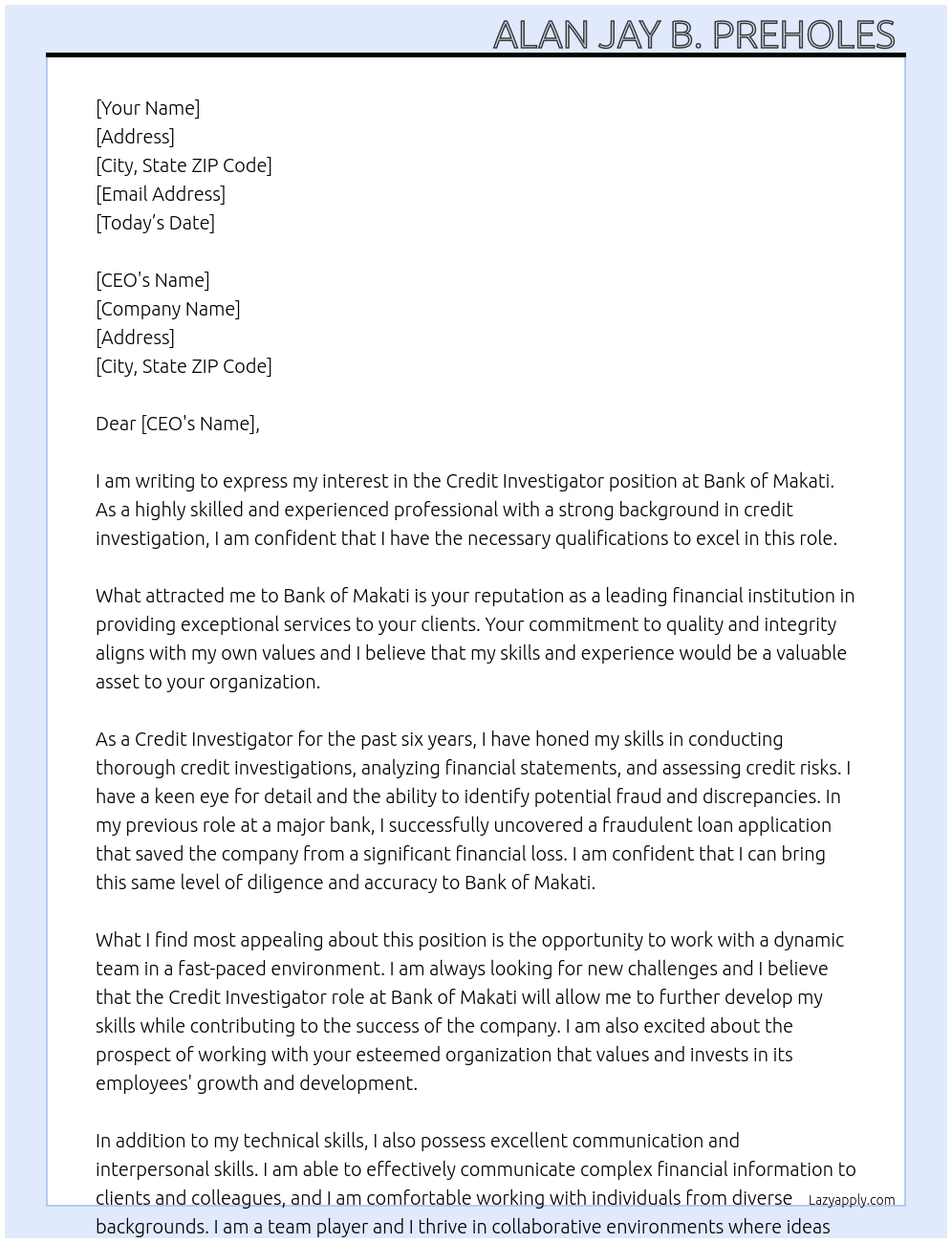 Credit investigator  At Bank of Makati Cover Letter