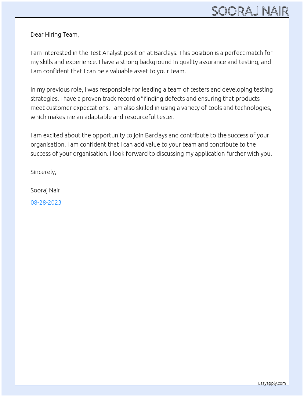 Test Analyst At Barclays Cover Letter