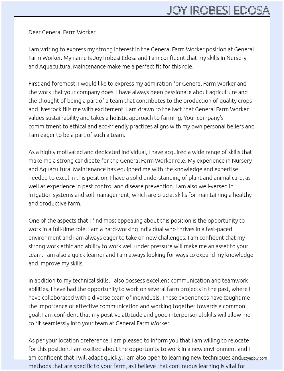 General Farm Worker At General Farm Worker Cover Letter