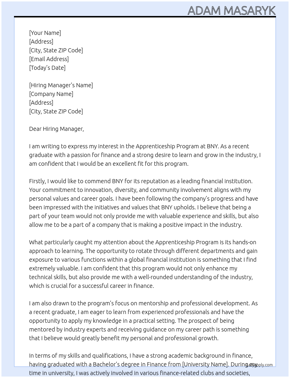 Apprenticeship Program At BNY Cover Letter