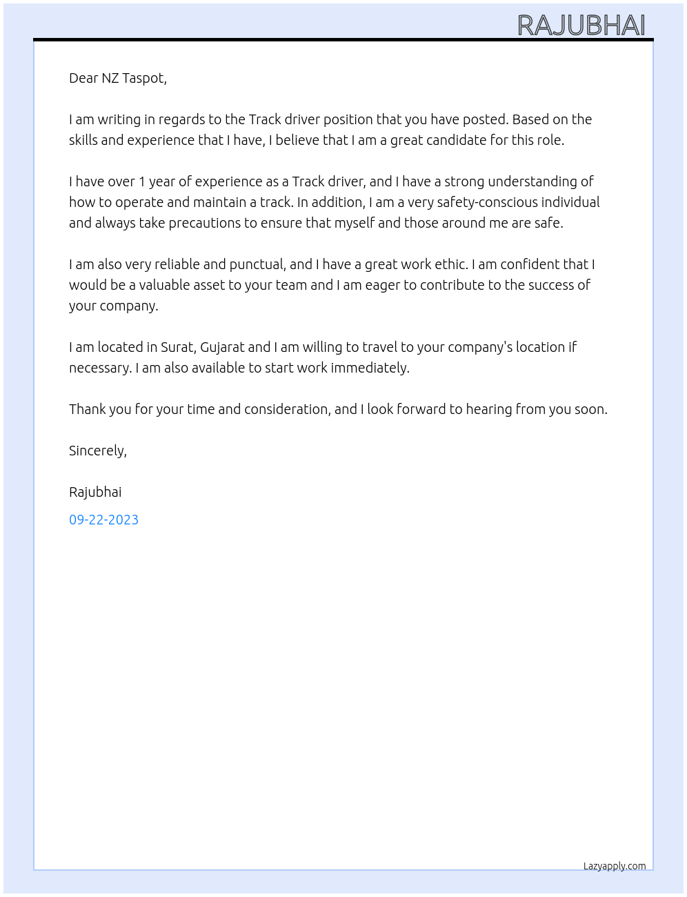 Track driver  At NZ Taspot Cover Letter