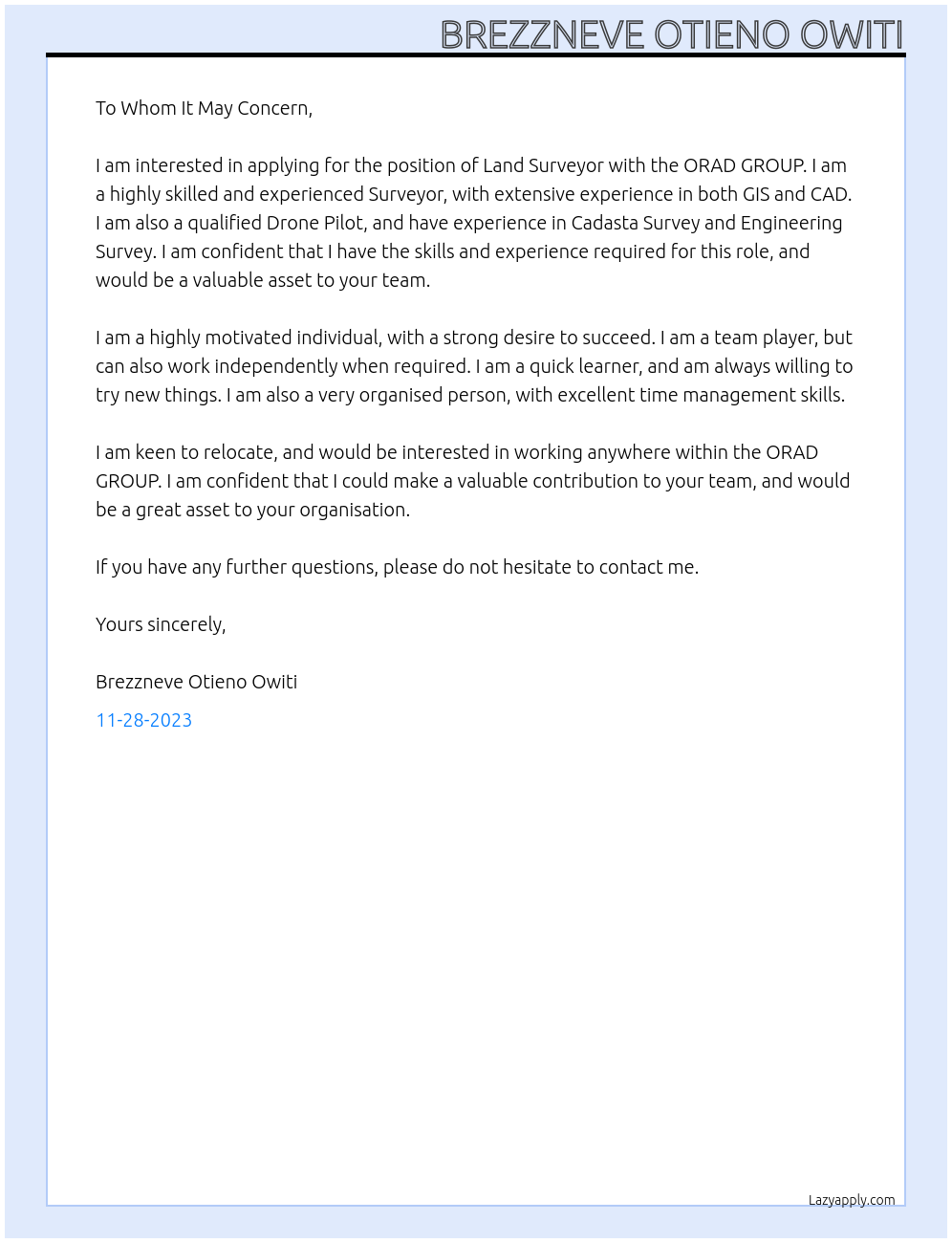 Land Surveyor At ORAD GROUP Cover Letter