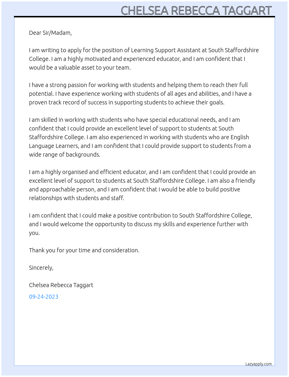 Learning support assistant At South Staffordshire college Cover Letter