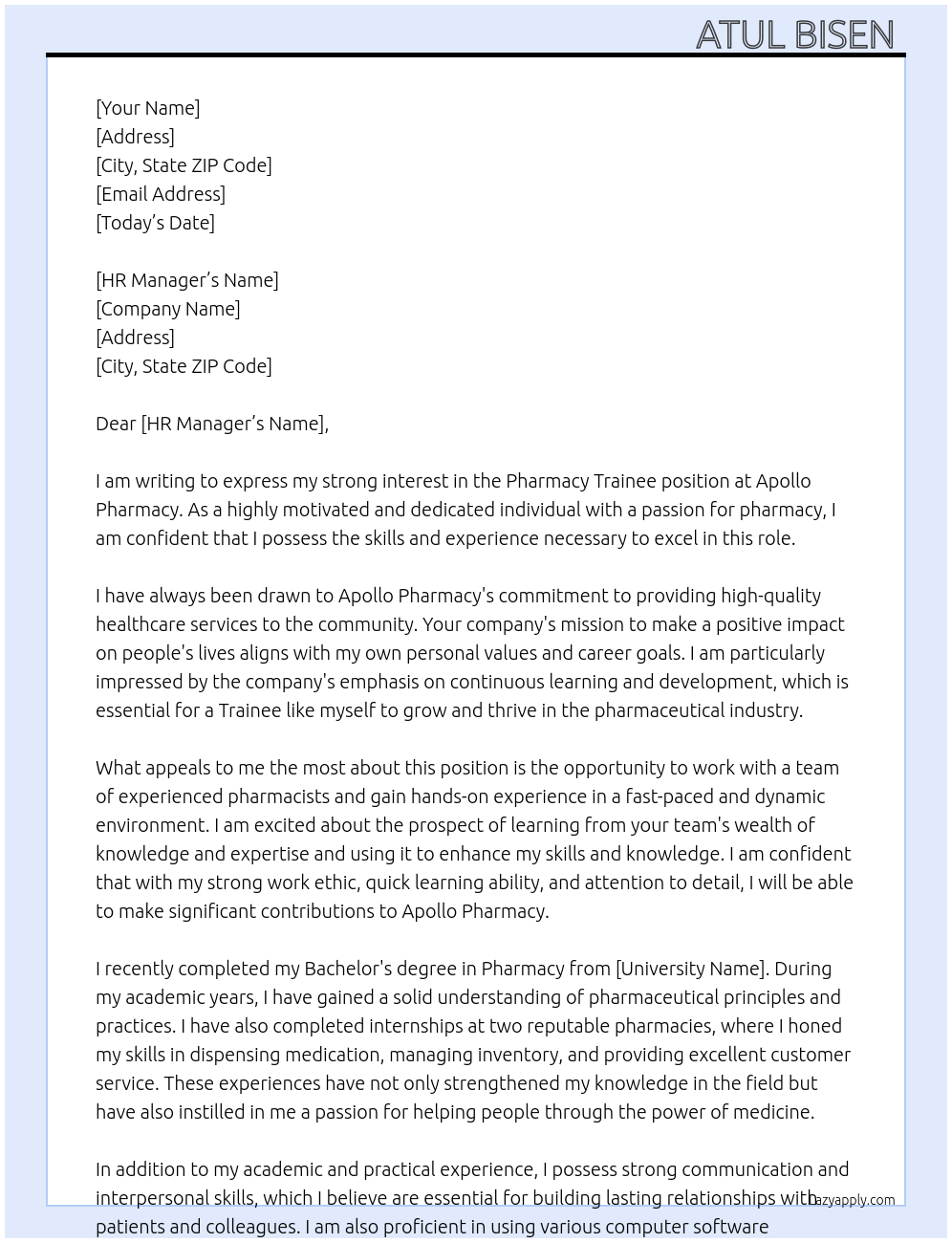 Pharmacy Trainee At Apollo Pharmacy  Cover Letter