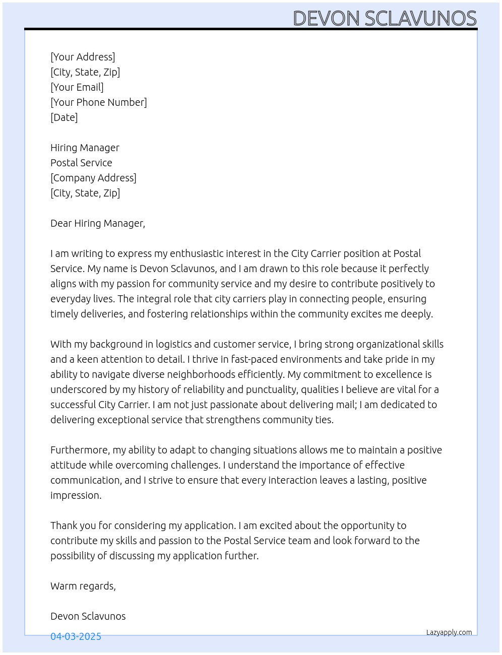 city carrier At Postal service Cover Letter