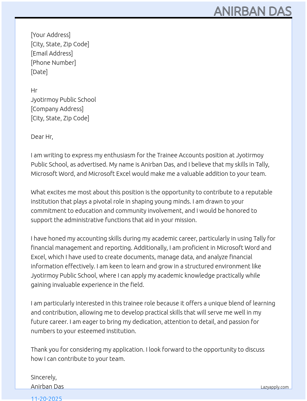 Cover letter for trainee accounts - LazyApply