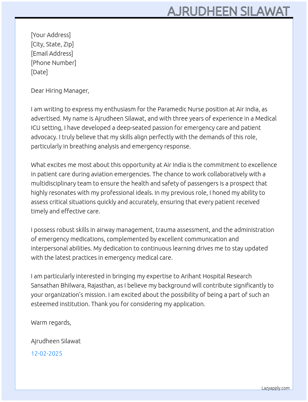 PARAMEDIC NURSE At AIR INDIA Cover Letter