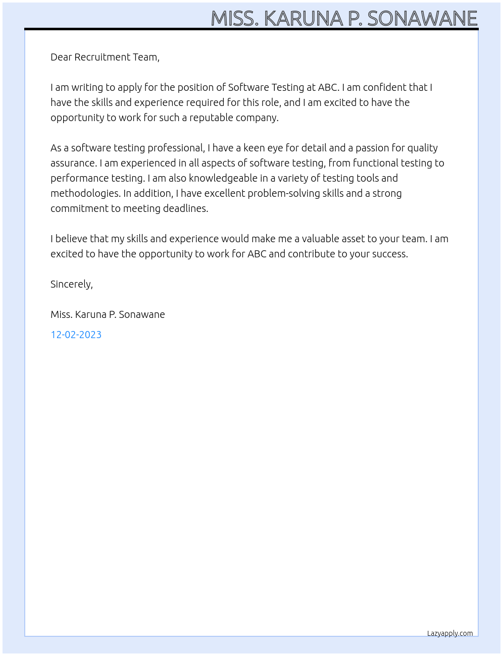 Software Testing At ABC Cover Letter