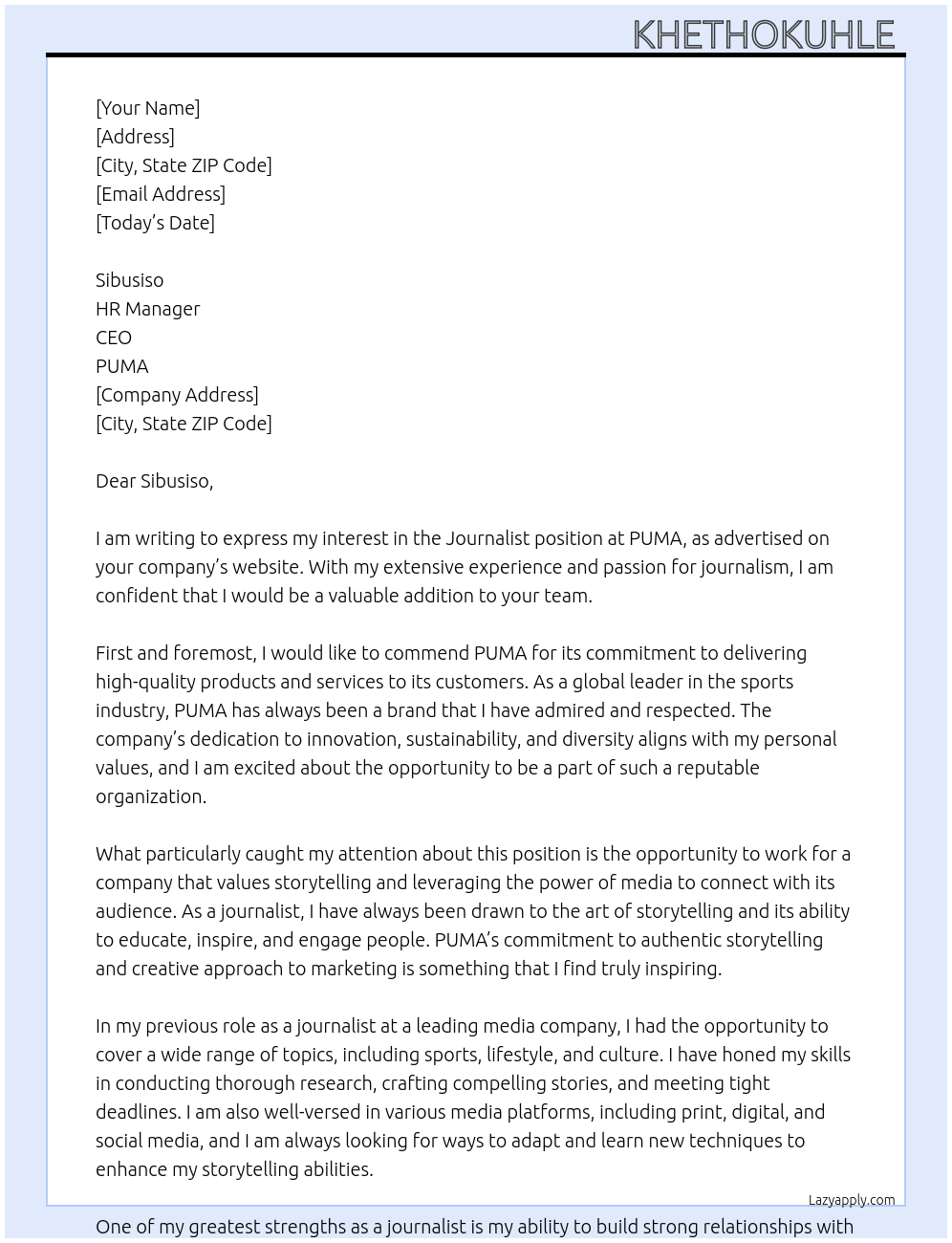 Journalist At PUMA Cover Letter