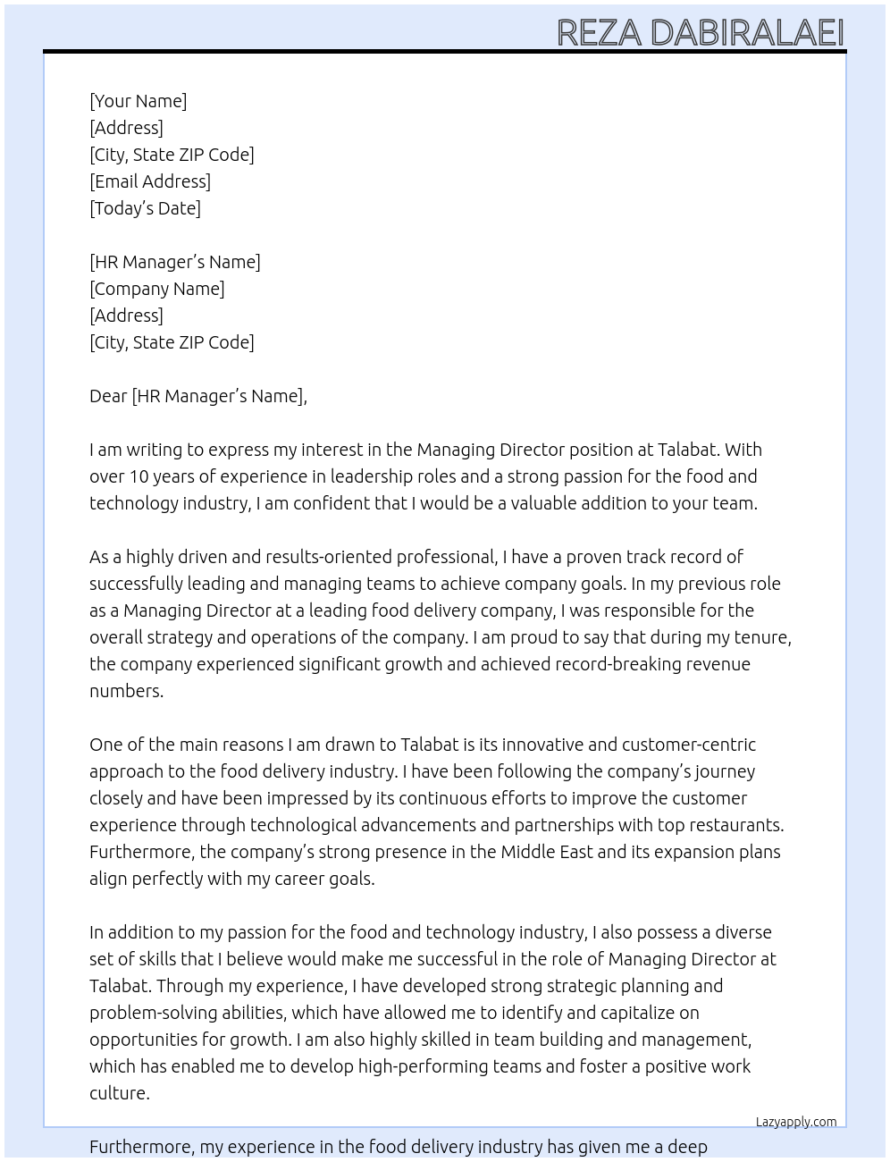 Managing Director At Talabat Cover Letter