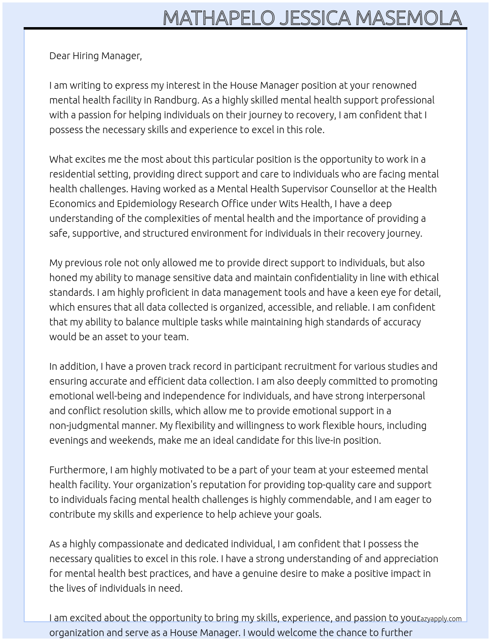 House Manager At Mental Health Facility Location: Randburg  Cover Letter