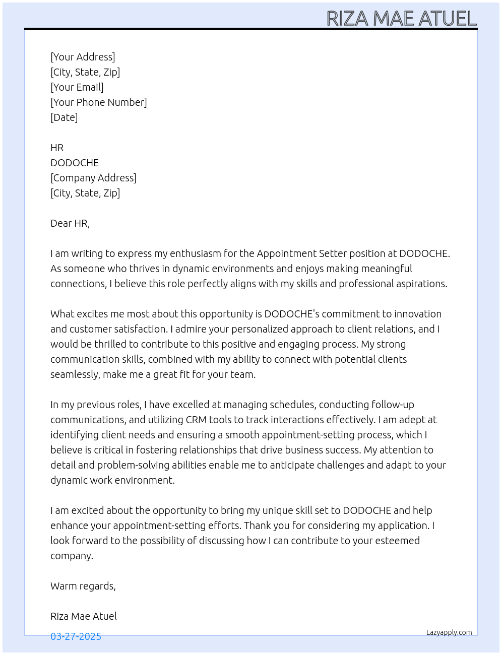 APPOINTMENT SETTER At DODOCHE Cover Letter