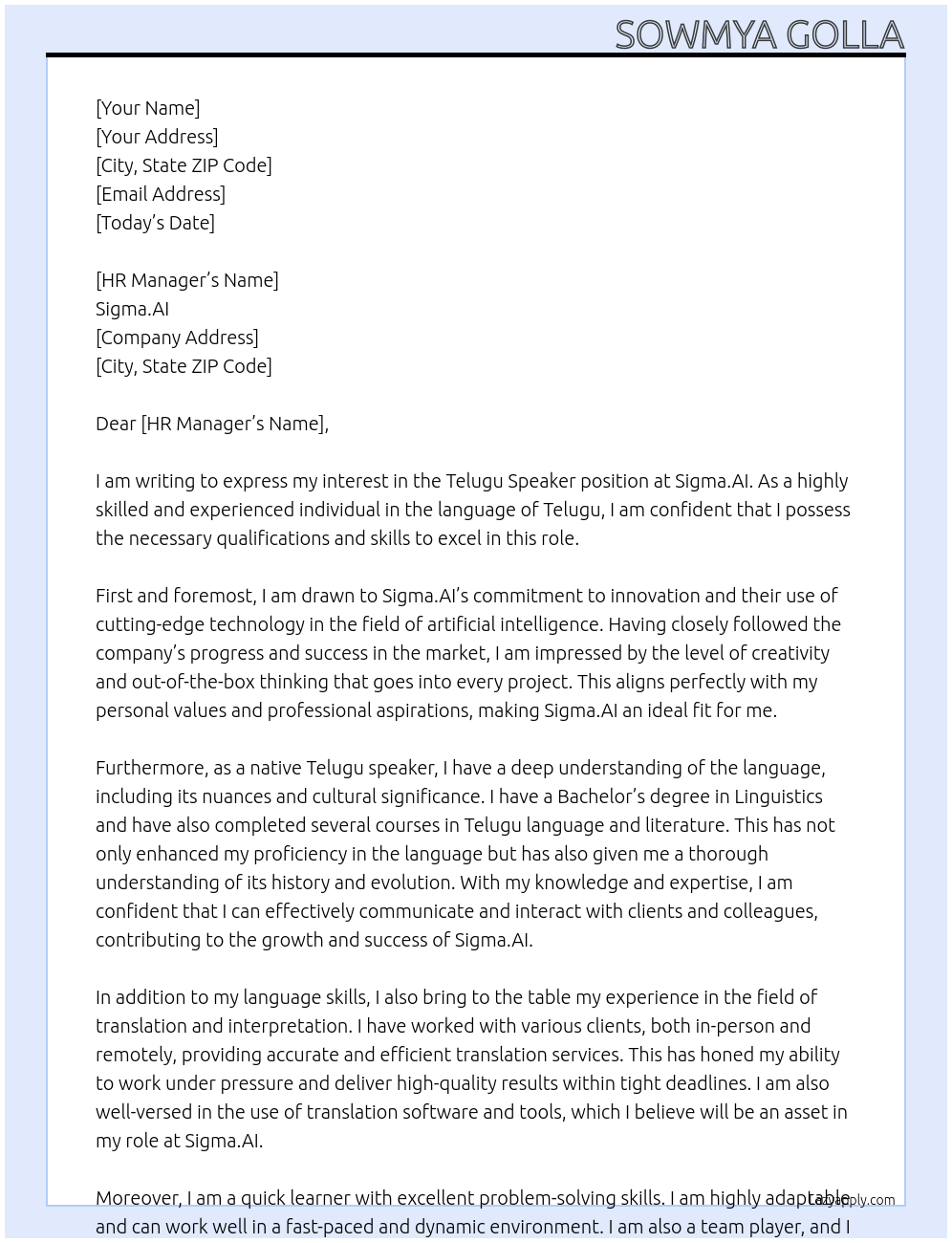 Telugu Speaker At Sigma.AI Cover Letter