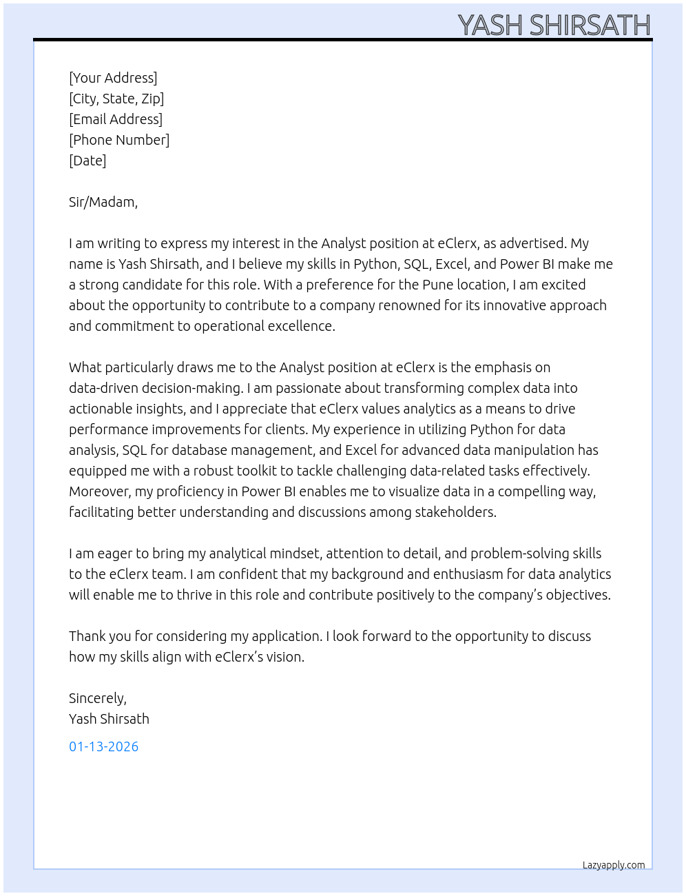 Cover letter for analyst - LazyApply