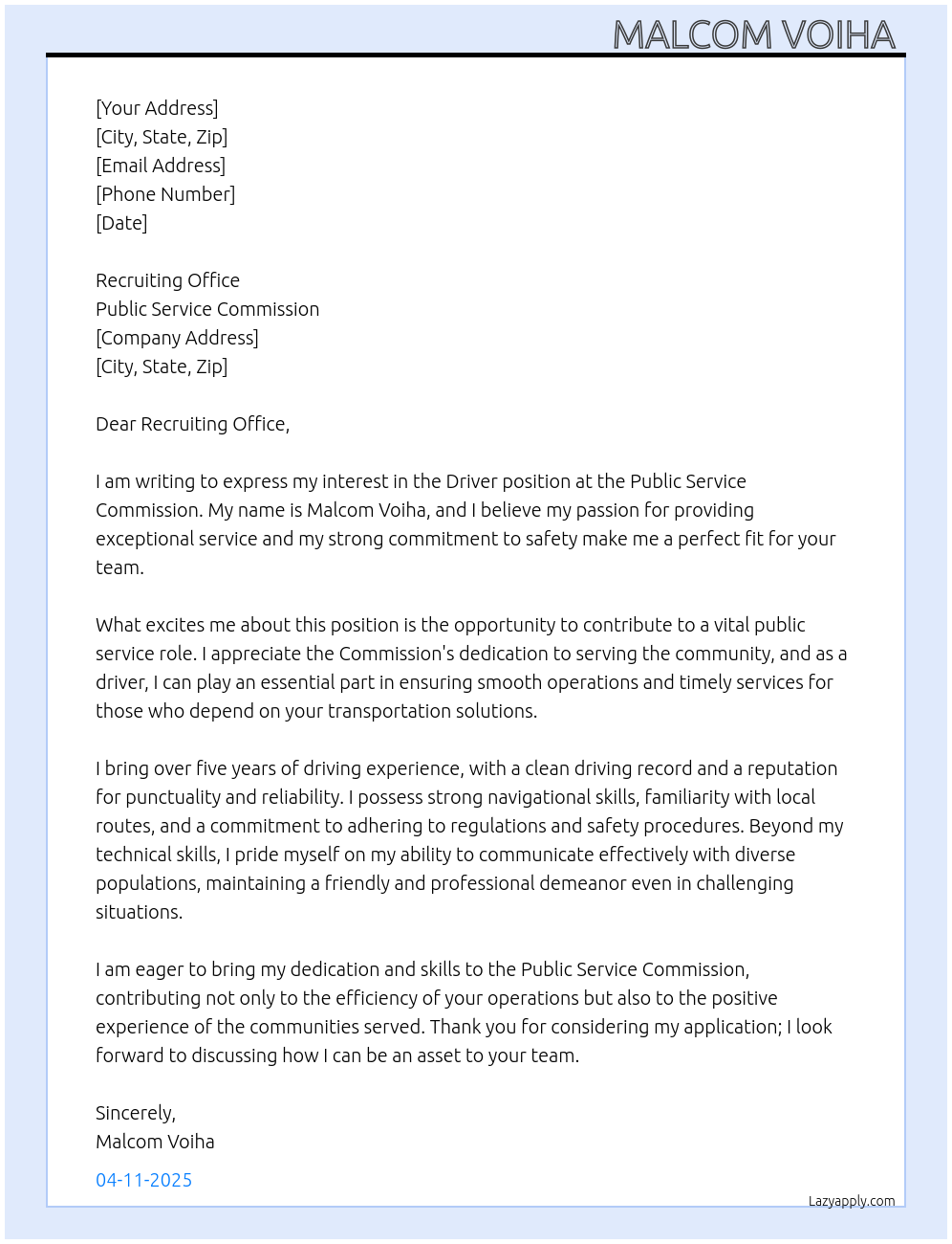 Driver position At Public service commission Cover Letter