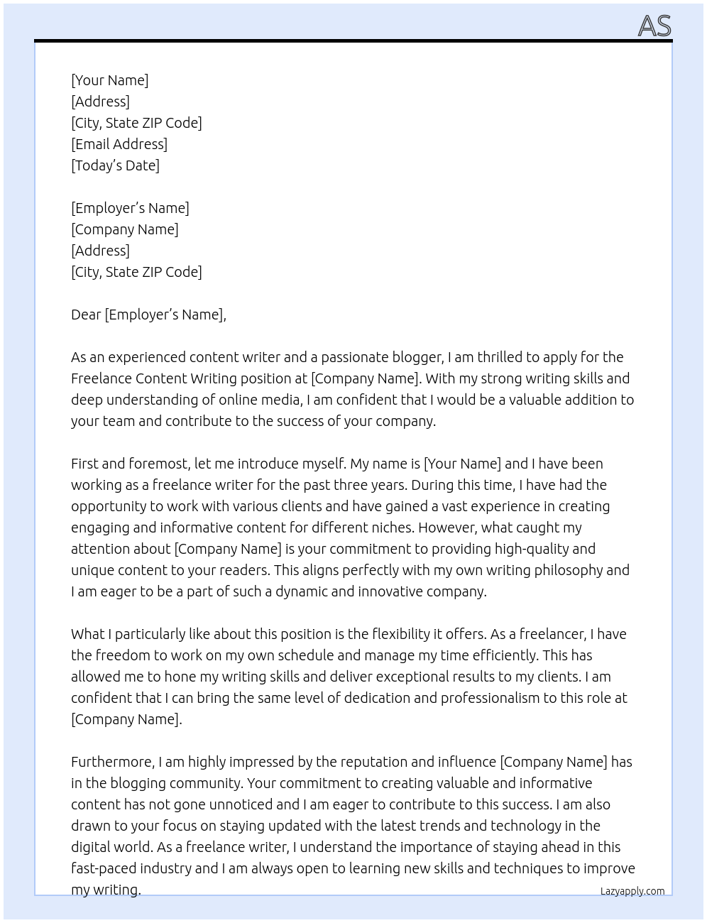 Freelance  At Blogger Cover Letter