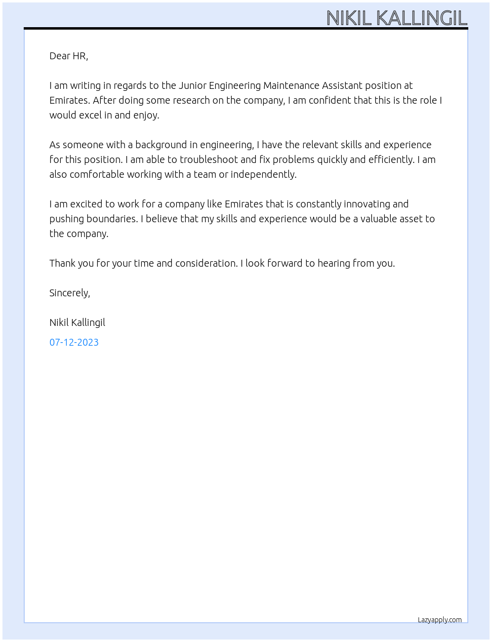 JUNIOR ENGINEERING MAINTENANCE ASSISTANT At EMIRATES Cover Letter