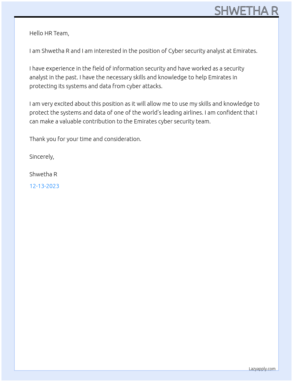 Cyber security analyst At Emirates Cover Letter