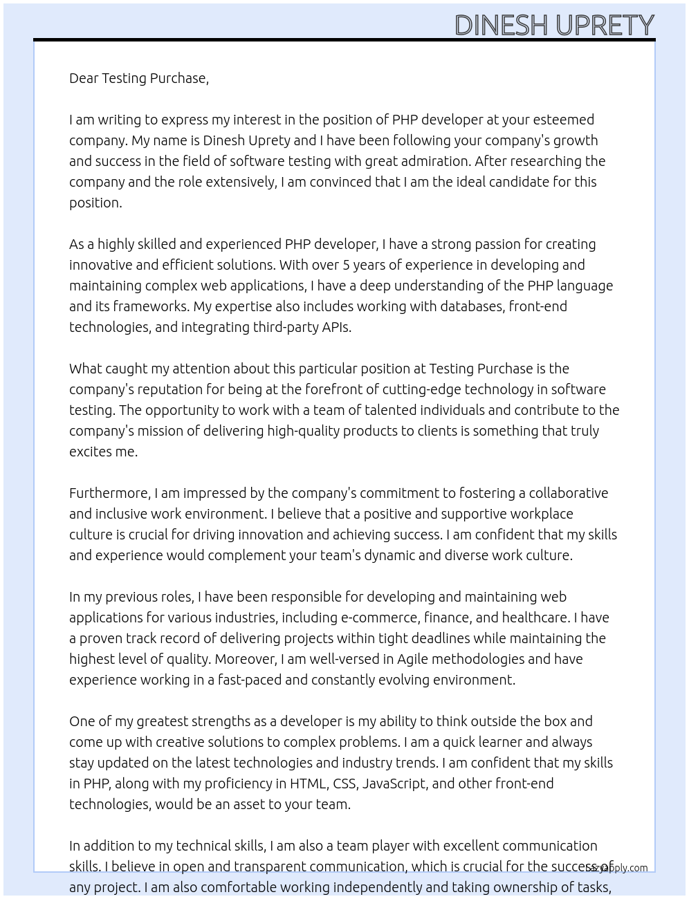 PHP developer At Testing purchase Cover Letter