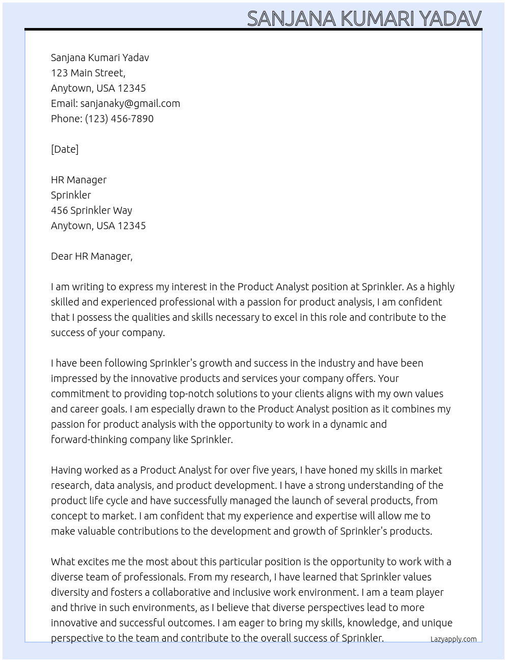 Product Analyst At Sprinkler Cover Letter