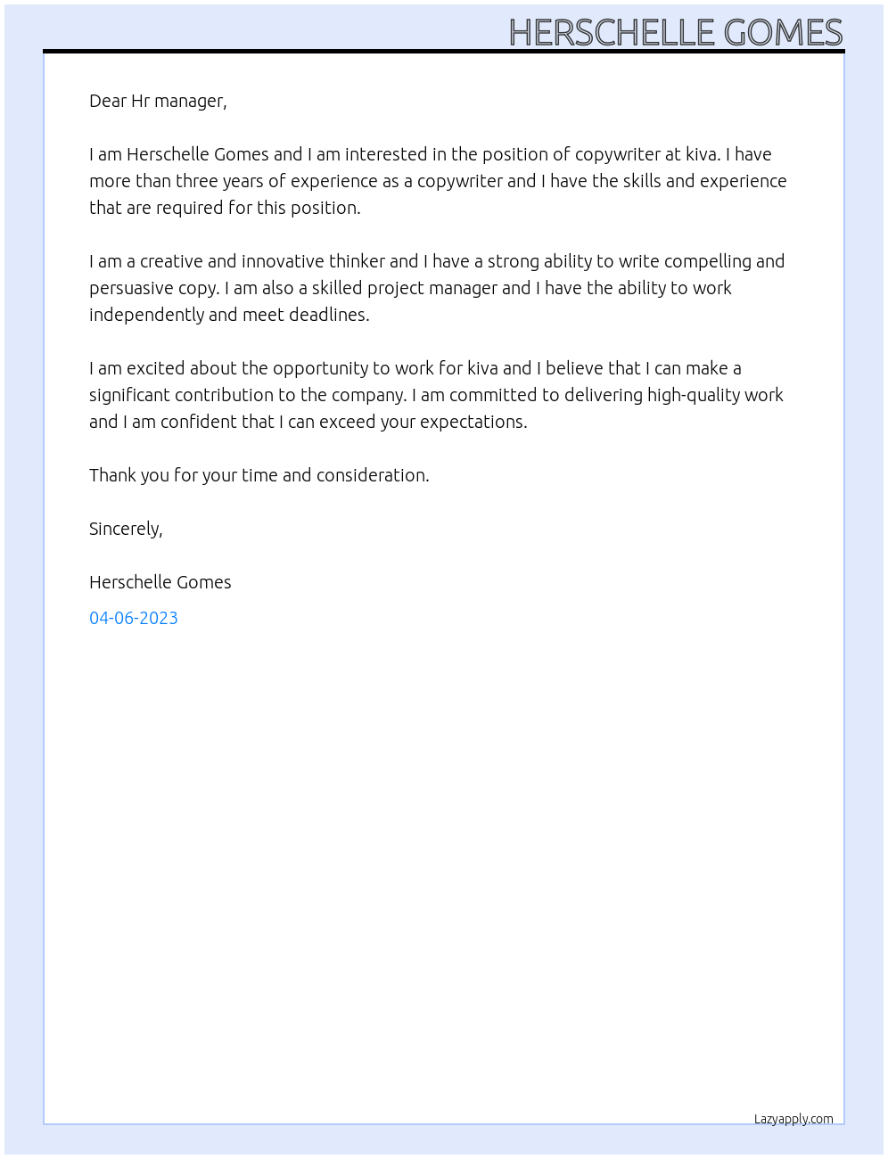 Copy writer At kiva Cover Letter