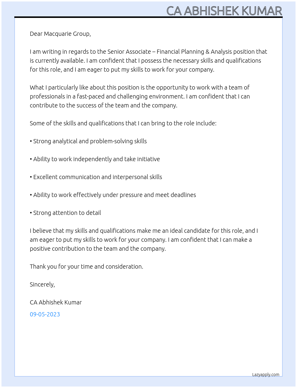 Senior Associate – Financial Planning & Analysis At Macquarie Group Cover Letter