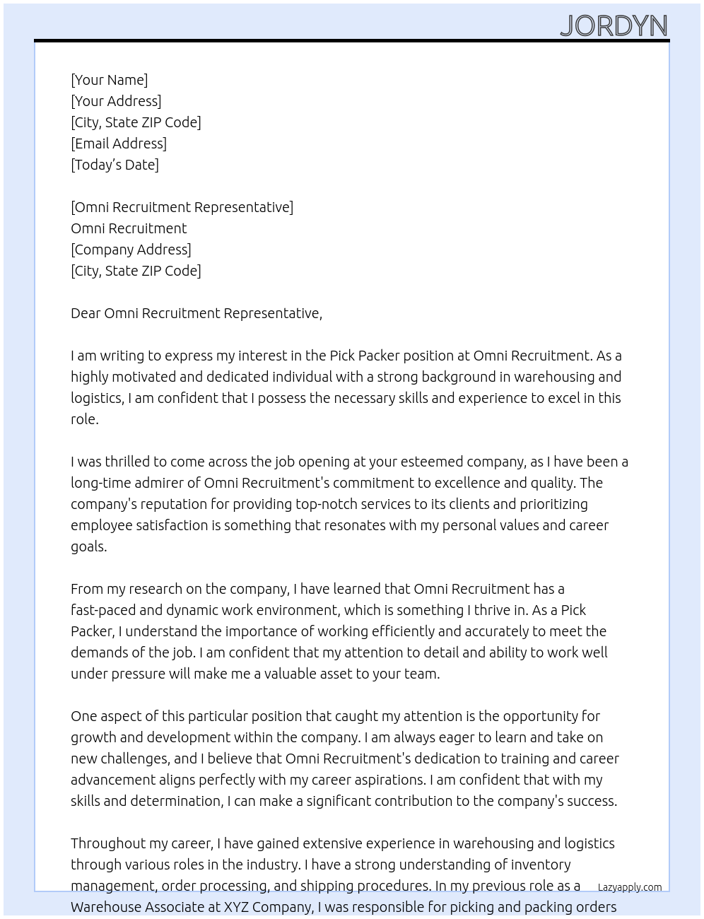 Pick Packer At Omni Recruitment Cover Letter