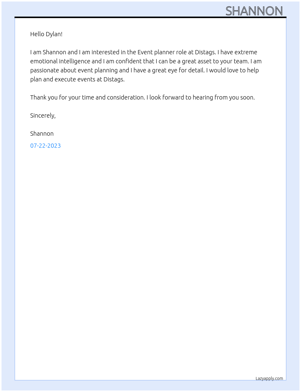 Event planner At Distags Cover Letter