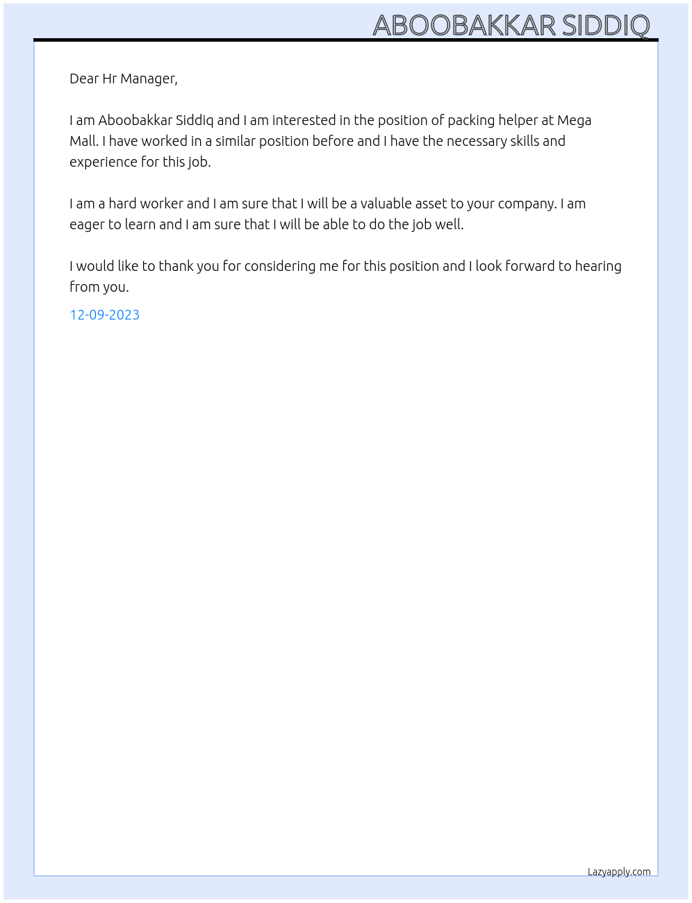 Packing helper At Mega Mall Cover Letter