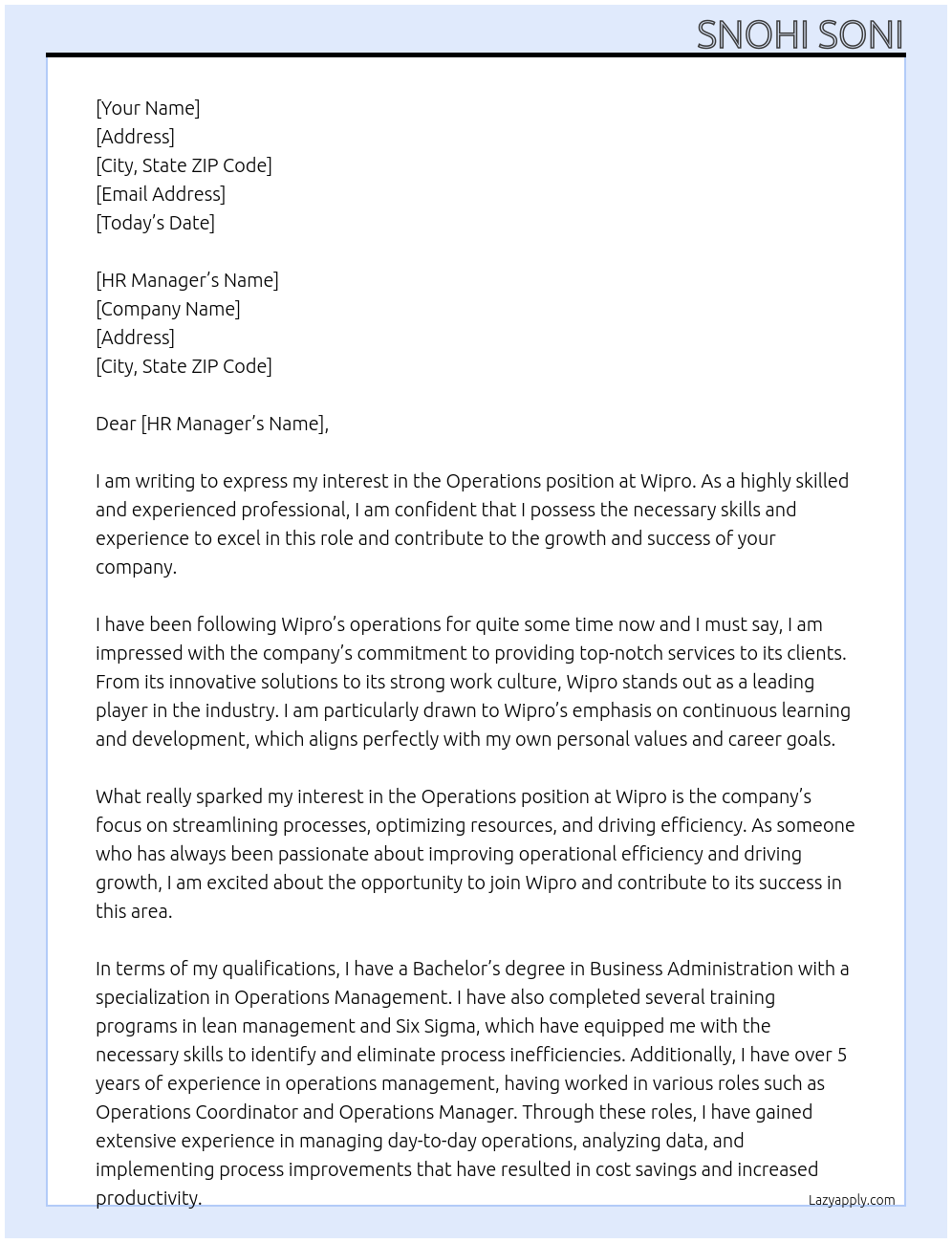 operations  At wipro Cover Letter