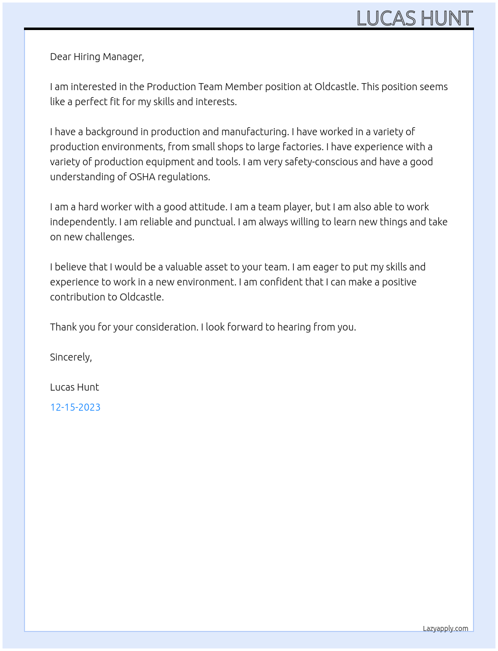 Production Team Member At Oldcastle Cover Letter