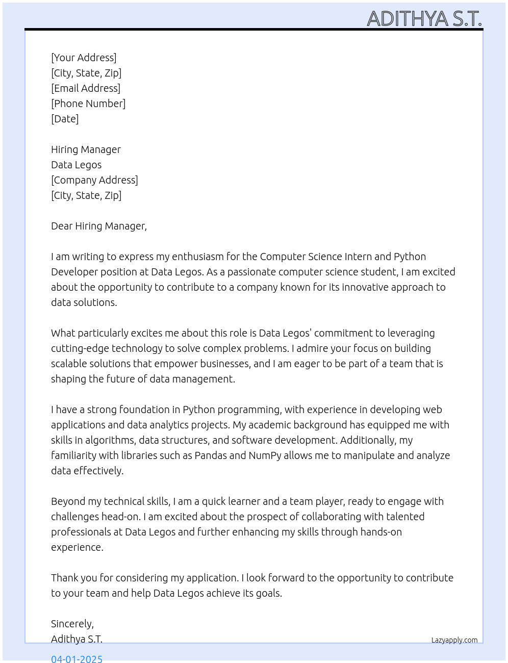 Cover letter for computer science intern and python developer - LazyApply
