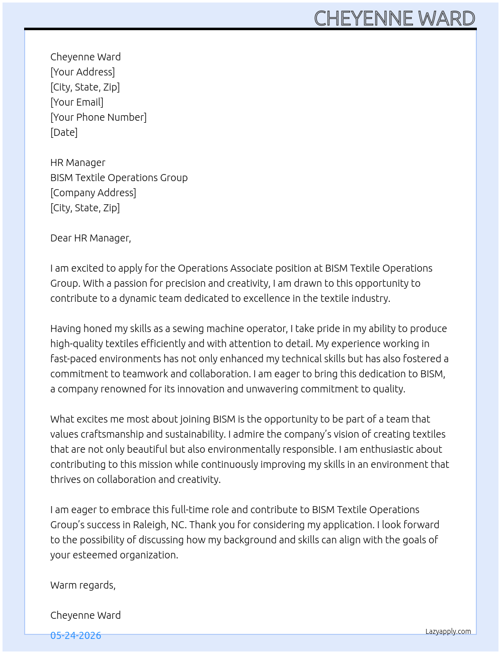 Operations Associate At BISM textile operations group Cover Letter