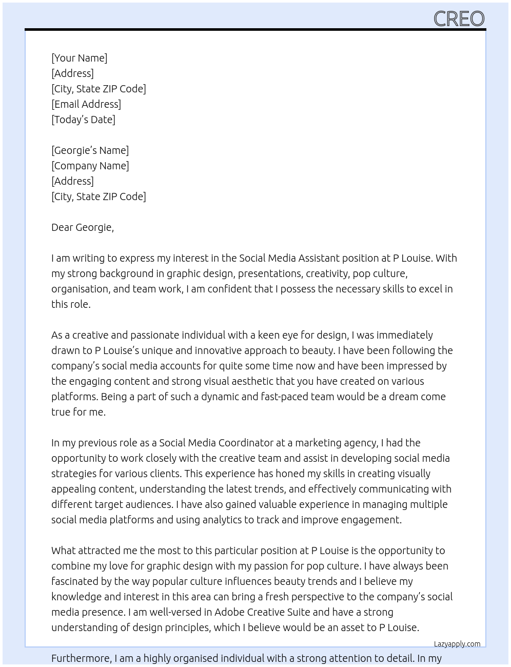 Social media assistant At P Louise Cover Letter