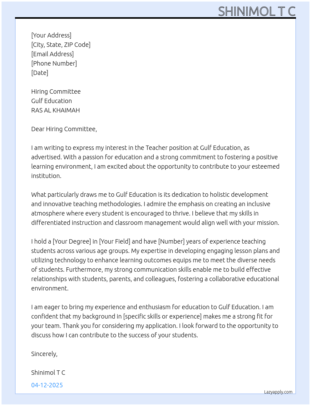 Teacher At RAS AL KHAIMAH Cover Letter