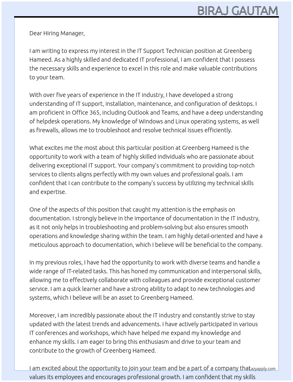 IT Support Technician At Greenberg Hameed Cover Letter