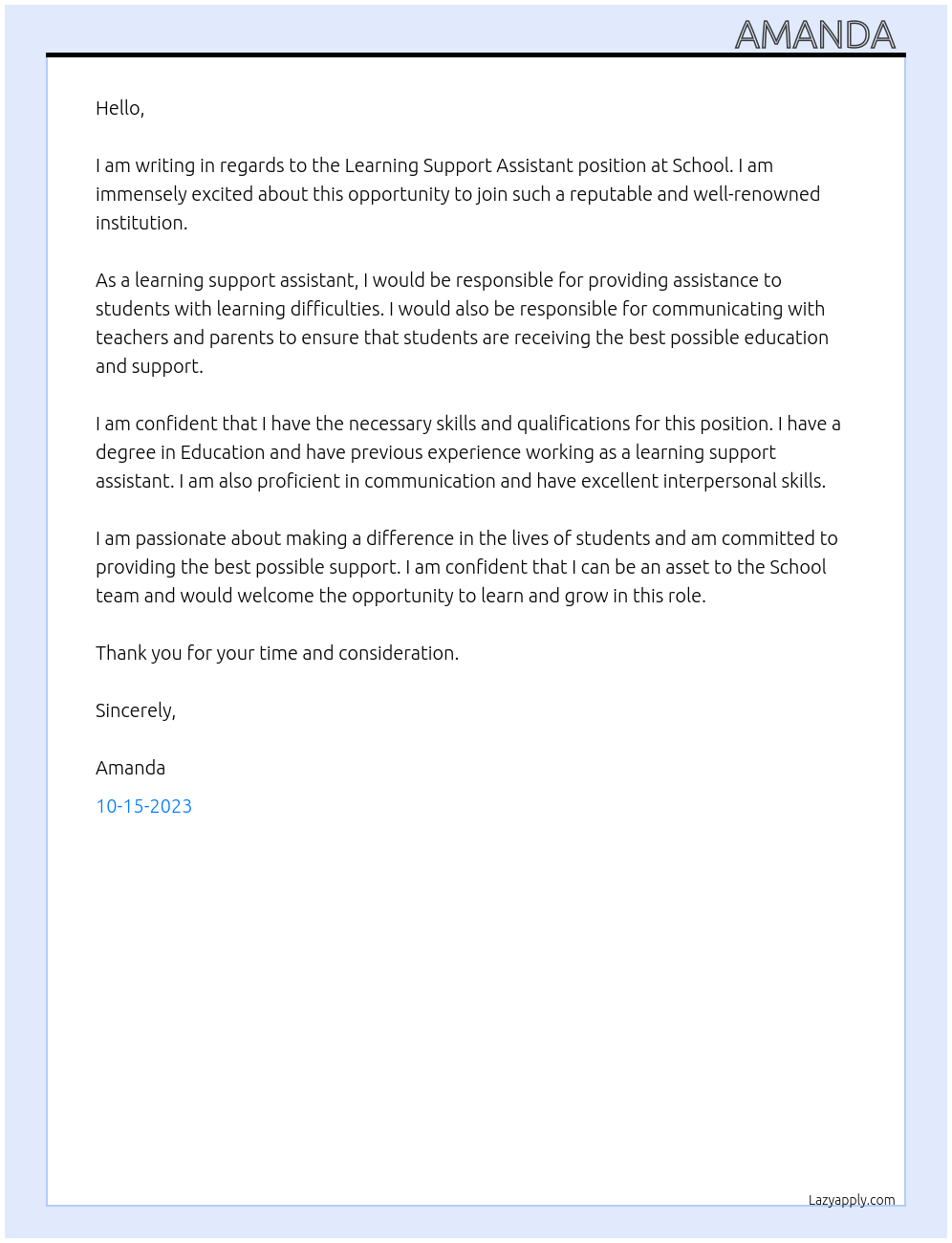 Learning support assistant At School Cover Letter