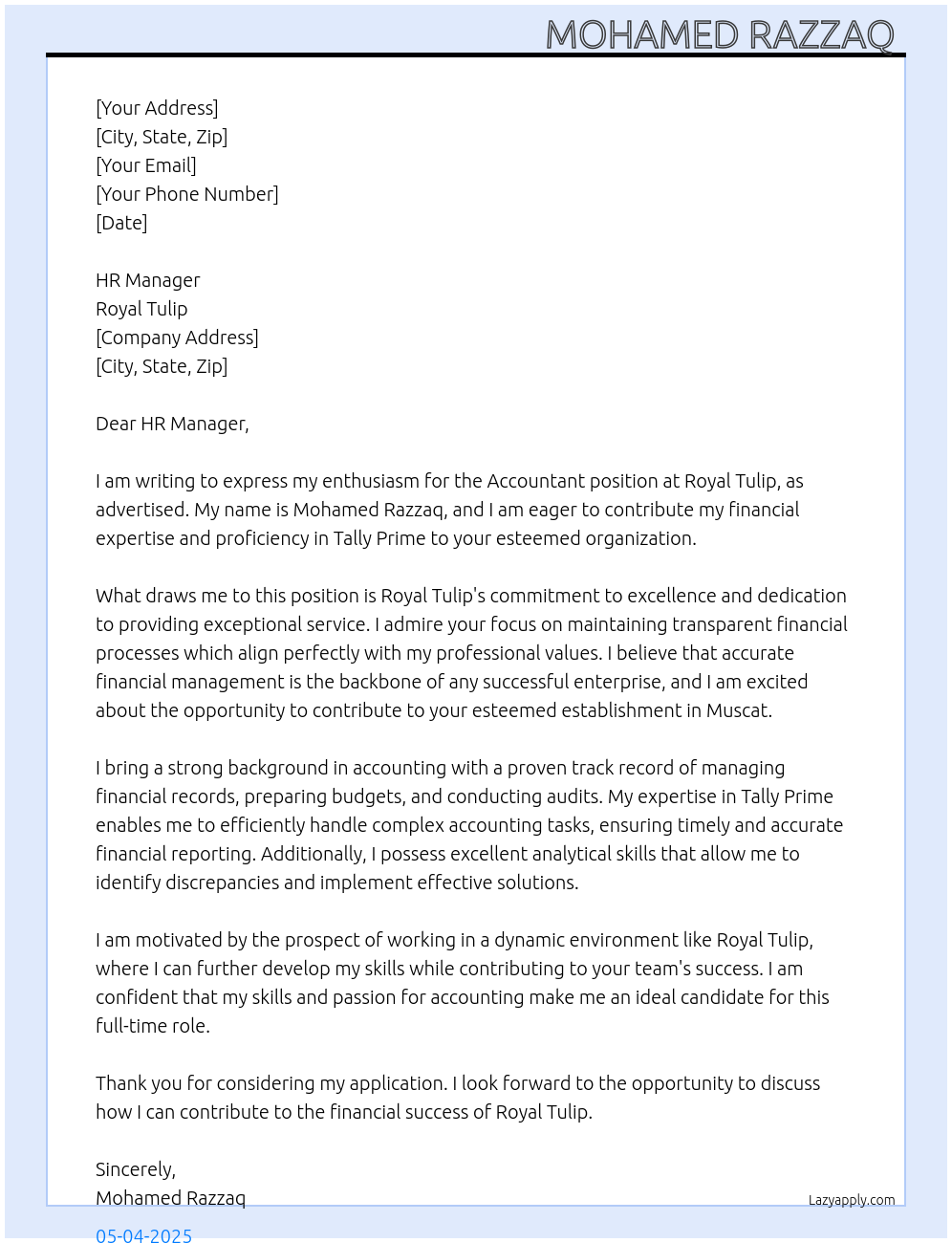 Accountant  At Royal tulip  Cover Letter