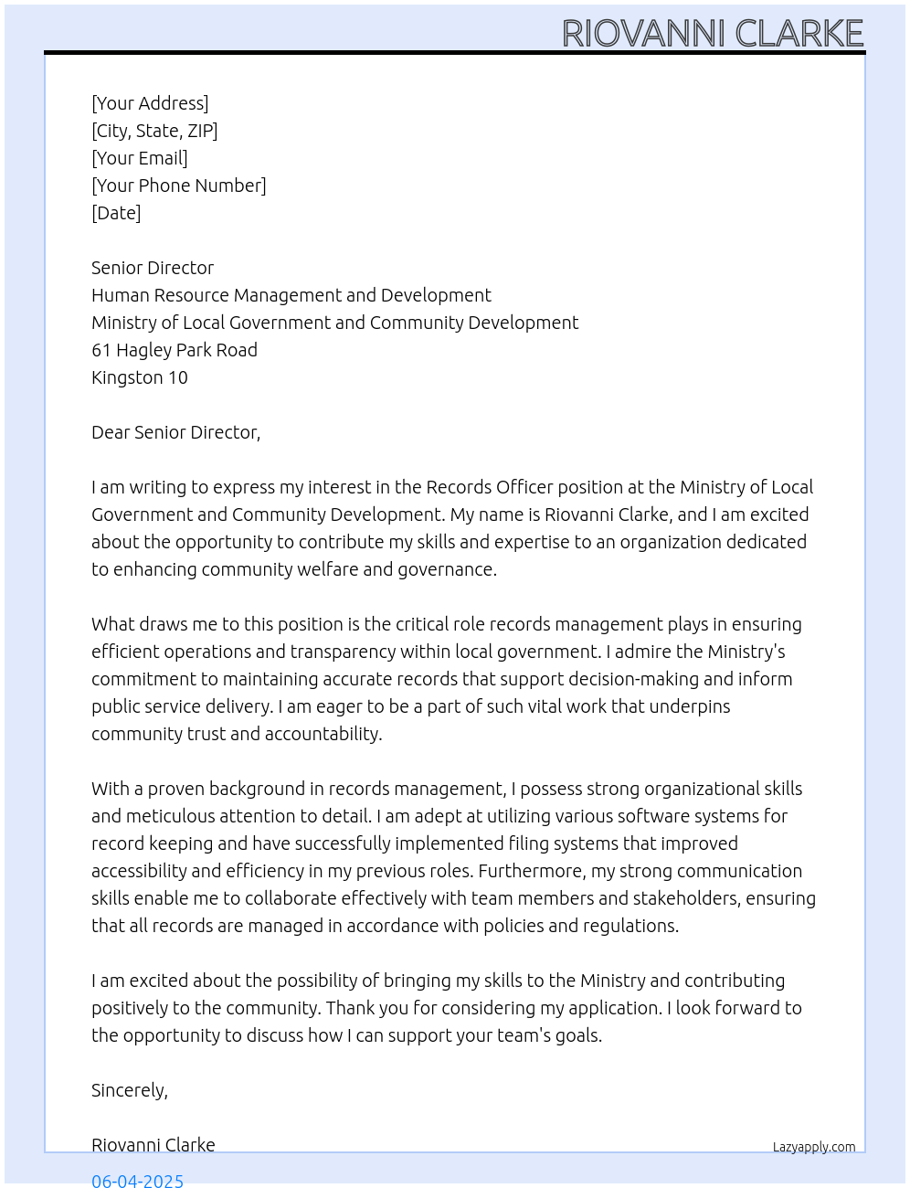 Cover letter for records officer - LazyApply