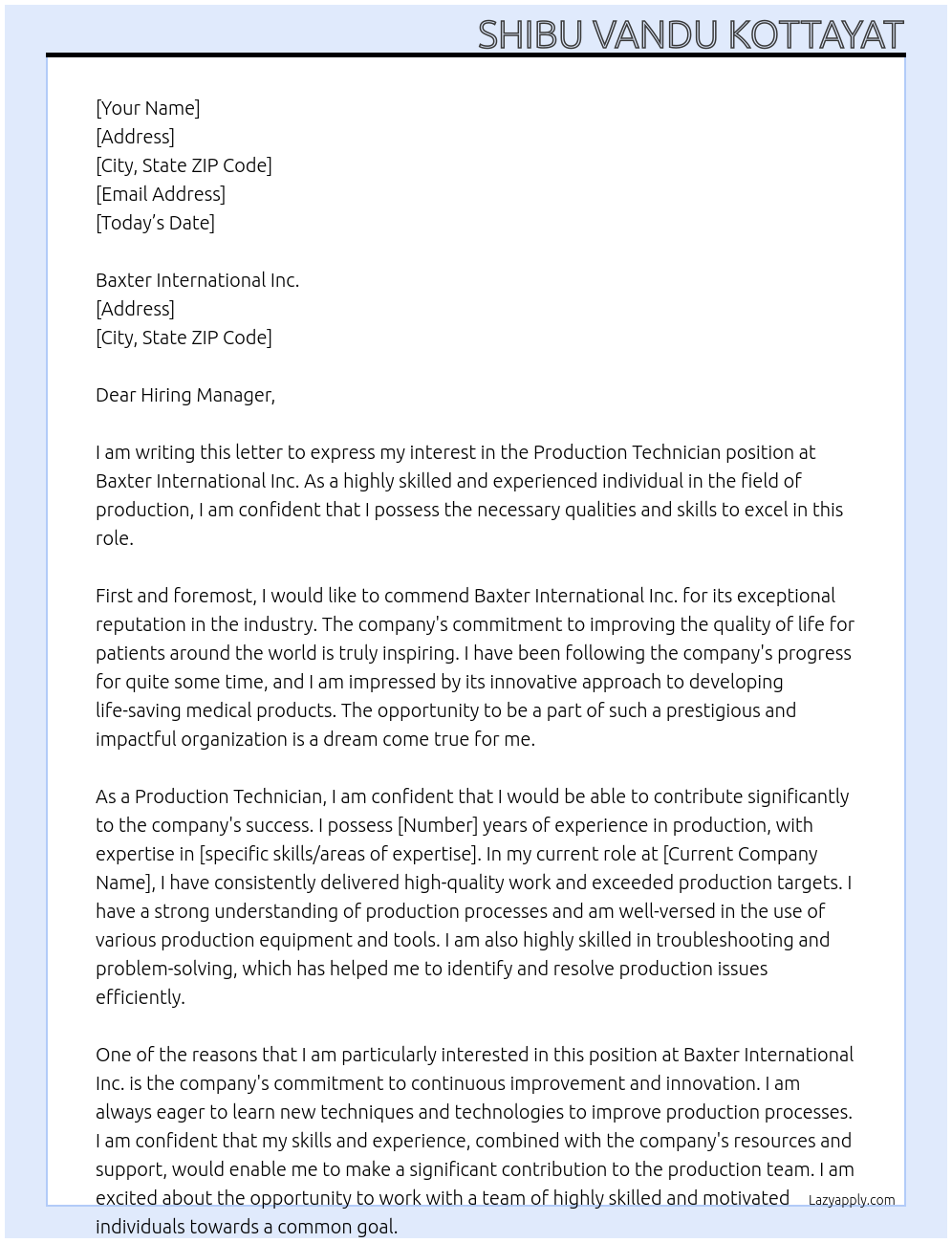 Production Technician At Baxter International Inc. Cover Letter
