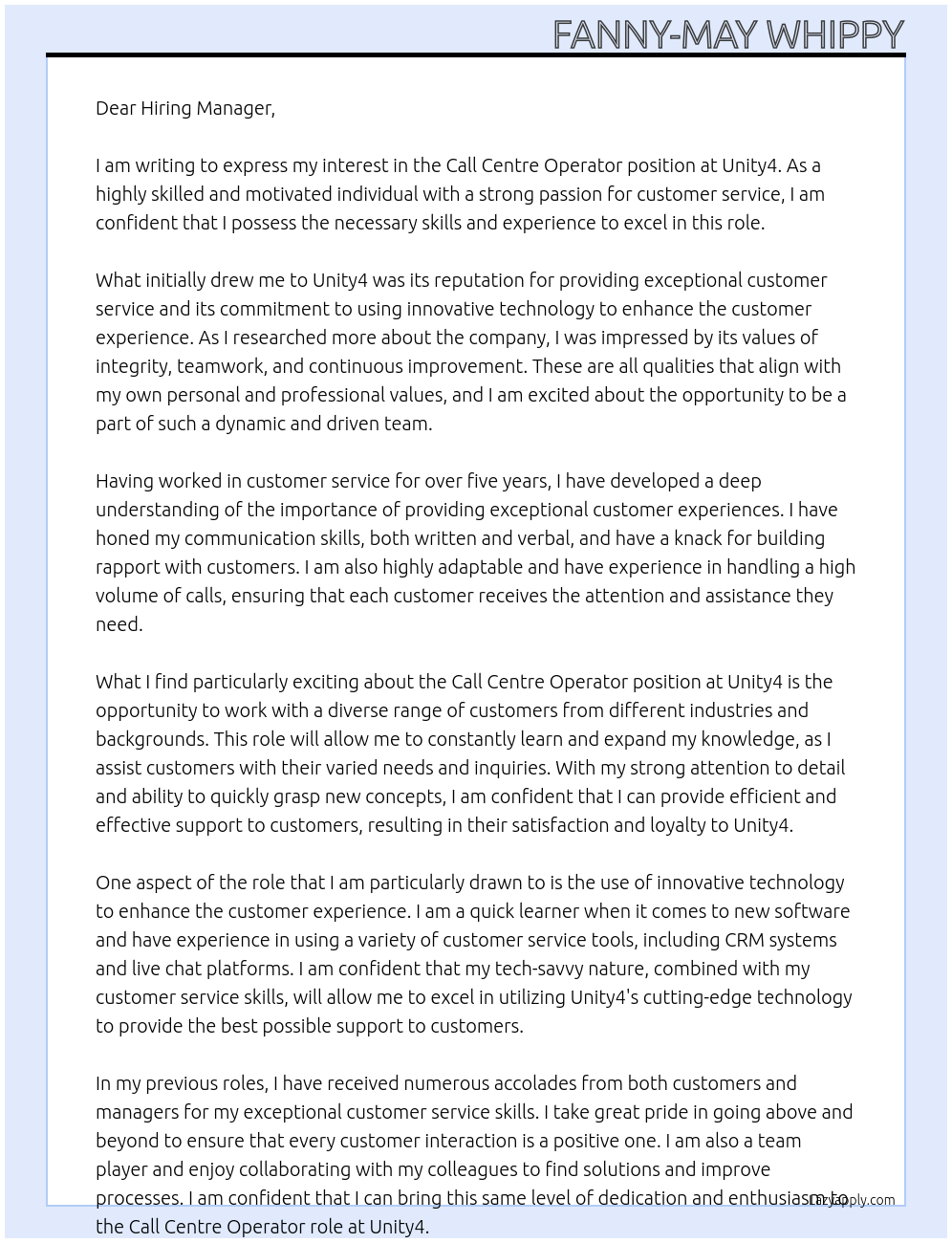 Call Centre Operator At Unity4 Cover Letter