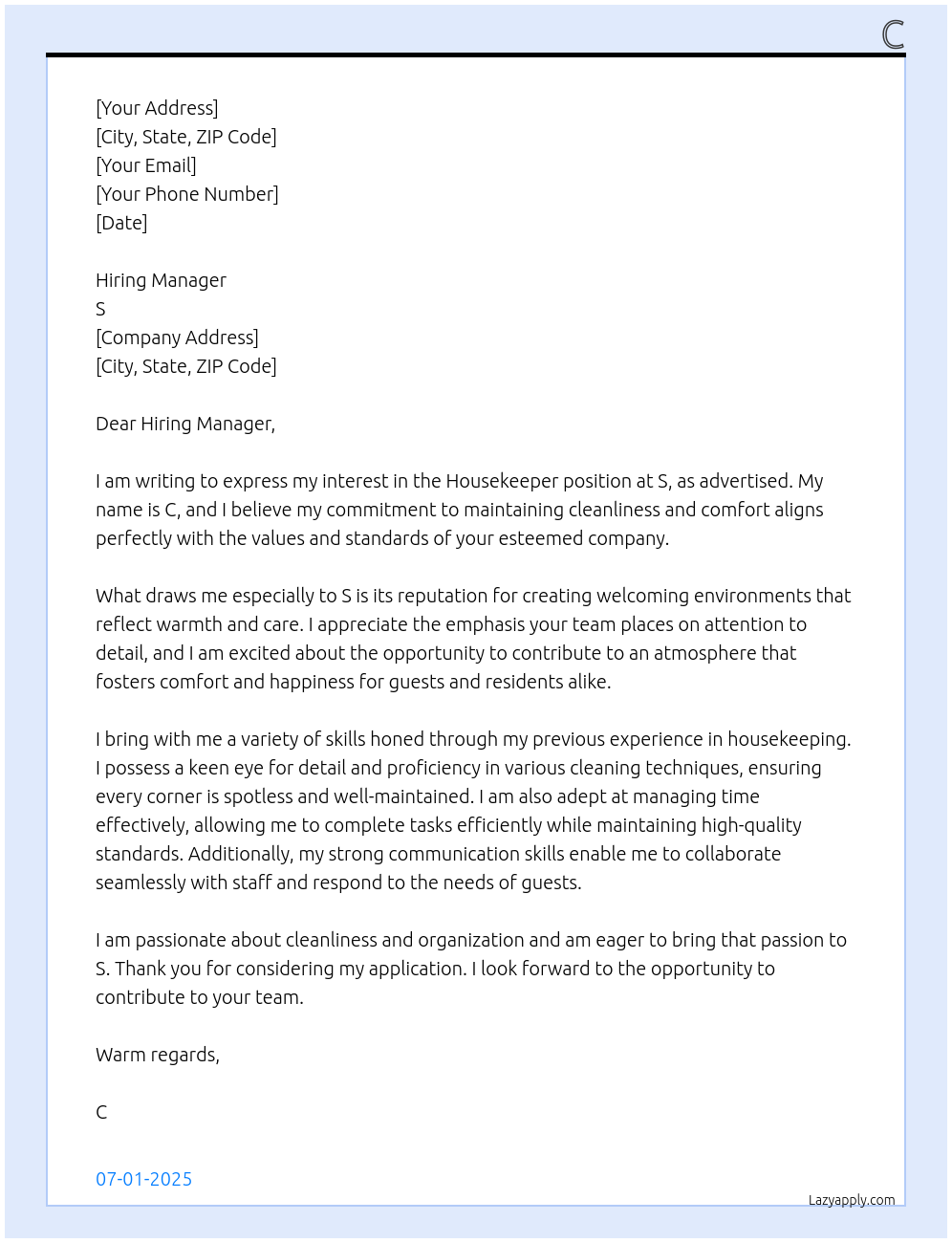 housekeeper At s Cover Letter